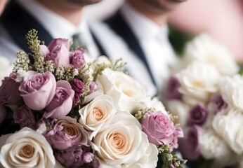 Two grooms, one love: A close-up of a wedding bouquet symbolizing equality and partnership, set against a blurred background.
