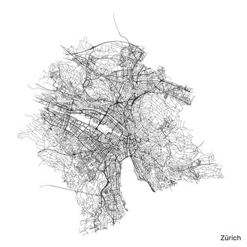 Zurich city map with roads and streets, Switzerland. Vector outline illustration.