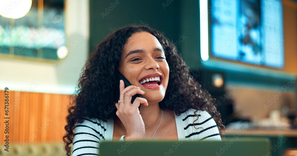 Poster woman, phone call and happy in cafe for remote work, communication or networking for business with s