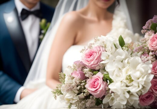 Experience the enchantment of a bridal bouquet in this image, where the bride's hands delicately grasp the symbol of love and celebration, with the background gently blurred to emphasize the bouquet's