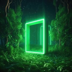 Fantasy green neon door in the forest. 3D illustration