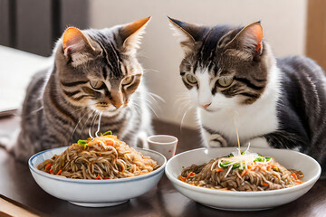 Mother cat and kitten eating japchae rice seasoned with soy sauce Generative AI	