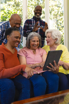 Happy Diverse Group Of Senior Friends Having Video Call And Laughing In Sunny Living Room