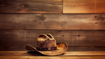 Cowboy hat, on old wooden background. - obrazy, fototapety, plakaty
