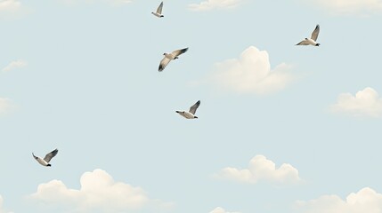  a flock of birds flying through a cloudy blue sky with white fluffy clouds in the foreground and a light blue sky with white fluffy clouds in the background.  generative ai