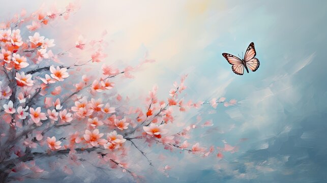  a painting of a tree with pink flowers and a butterfly flying in the sky with a blue sky in the background.  generative ai