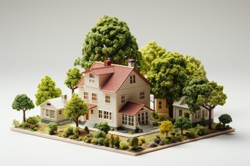 A substantial three-story block of miniature houses with annexes and trees, set against a white background, showcases a intricate and picturesque architectural model. Photorealistic illustration - obrazy, fototapety, plakaty