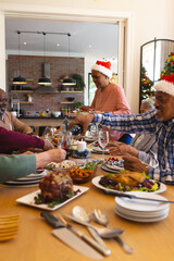 Happy diverse group of senior friends celebrating at christmas dinner in sunny dining room at home