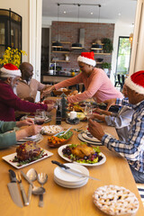 Happy diverse group of senior friends celebrating at christmas dinner in sunny dining room at home