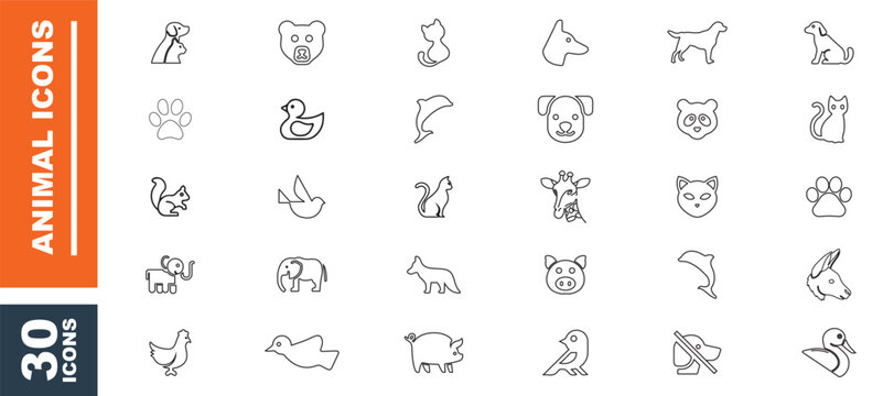 Animals Outline Icons Pack. Set of Animal icons. Isolated on White background. Vector illustration.