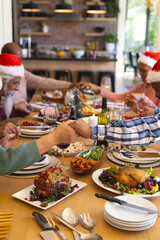 Happy diverse group of senior friends saying grace at christmas dinner in sunny dining room at home