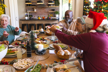 Happy diverse group of senior friends celebrating at christmas dinner in sunny dining room