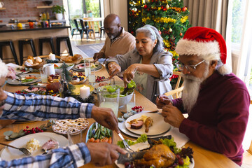 Happy diverse group of senior friends celebrating at christmas dinner in sunny dining room