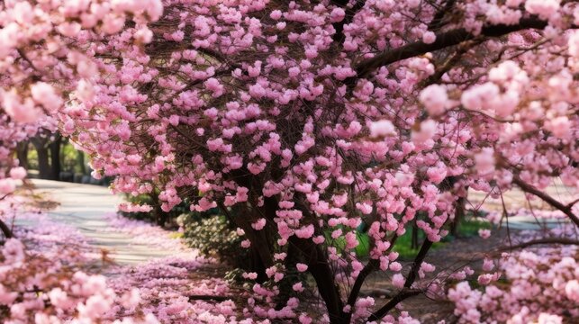  a tree filled with lots of pink flowers on top of a lush green grass covered park next to a sidewalk.  generative ai