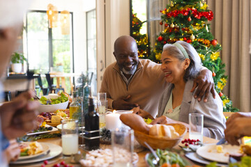Happy diverse couple of senior friends celebrating at christmas dinner in sunny dining room
