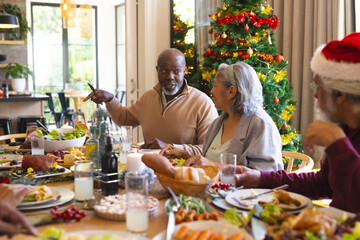 Happy diverse group of senior friends celebrating at christmas dinner in sunny dining room