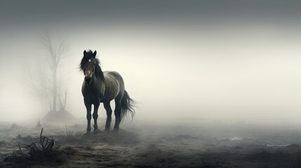  a horse standing in the middle of a field on a foggy day with trees and bushes in the background.  generative ai