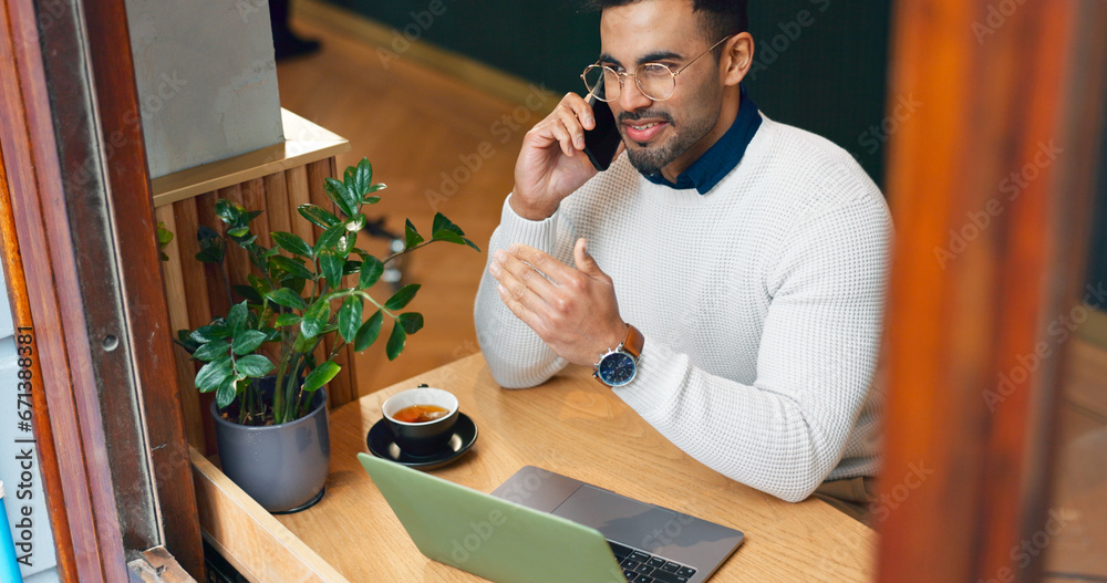 Poster Man, phone call and remote work in cafe with smile for communication, networking and research with laptop. Journalist person, computer and smartphone for contact, coffee shop or negotiation for story