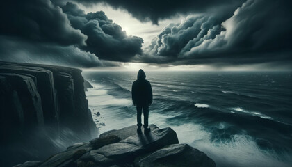 Despair by the Stormy Seas: Person Overlooking Vast Ocean, Symbolic of Hopelessness and Turmoil