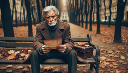 Fototapeta premium Elderly Gentleman Reflecting on Past Memories, Autumn Park Setting