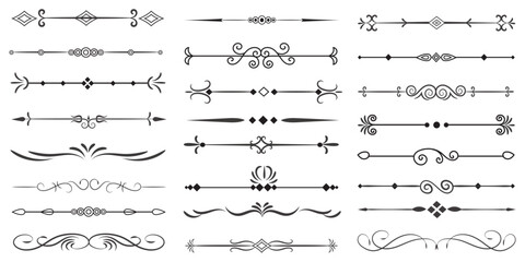 Page Divider And Design Elements. Set of Various Simple Black Divider Design, Assorted Divider Collection Template Vector. Collection of floral dividers elements mega decoration for Calligraphy. - obrazy, fototapety, plakaty