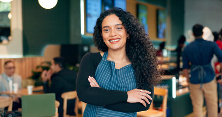 Waitress, woman or portrait with arms crossed or smile for service, welcome or server in coffee...