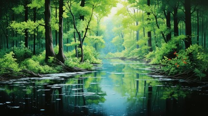 Obraz premium a painting of a river in the middle of a forest with green trees and flowers on both sides of the river. generative ai