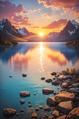 Fototapeta na wymiar lake sunrise mountain