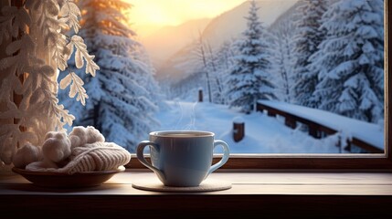 Obraz na płótnie Canvas a cup of coffee sitting on top of a window sill next to a window sill covered in snow. generative ai