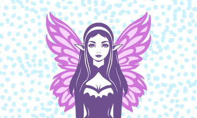 Vector graphic young beautiful forest fairy elf with butterfly wings. Fairytale mythical sorceress with long hair.