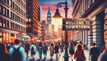 Bustling Urban Street at Sunset with 'Welcome to Downtown' Sign Illuminated by Twilight