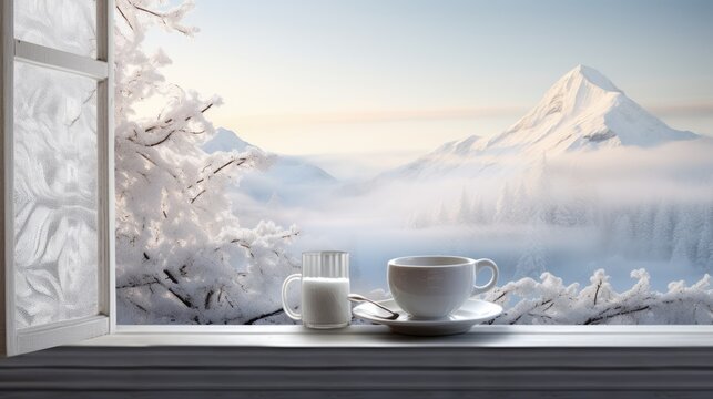  a cup and saucer sit on a window sill in front of a snowy mountain scene with a mountain view.  generative ai