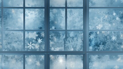  a view of snowflakes through a window in a room with frosted glass and a blue sky background.  generative ai