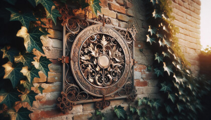 Fototapeta na wymiar Vintage Metal Sign with Ivy Overgrowth on Aged Brick Wall at Golden Hour