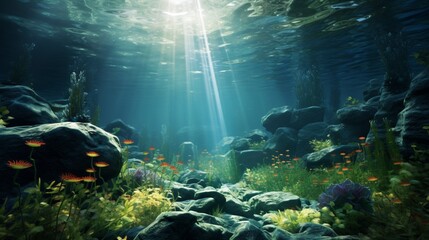 A serene underwater shot of aquatic plants swaying gracefully with the flow of a freshwater riverbed.