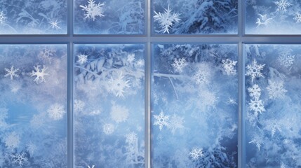  a frosty window with snow flakes on the outside of the window and a snowflake pattern on the inside of the window.  generative ai