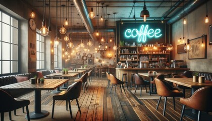 Rustic Coffee Shop Interior with Illuminated Neon "COFFEE" Sign and Wooden Furnishings
