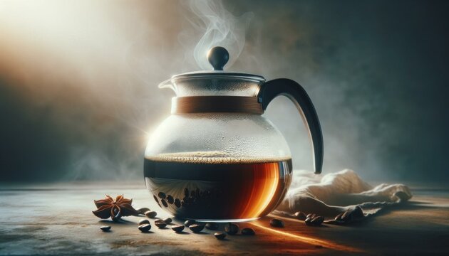 Glass Coffee Pot Filled with Fresh Brew Reflecting Light on White Canvas