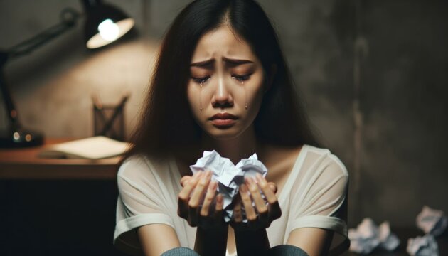 Emotional Outpour: Asian Woman Gripped by Anxiety in Dimly Lit Atmosphere