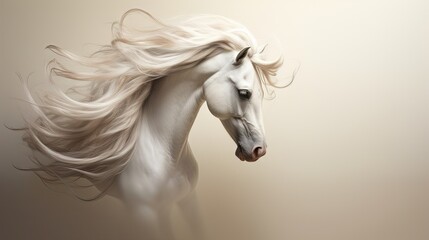  a painting of a white horse with long blonde hair blowing in the wind on a beige background with a neutral backdrop.  generative ai
