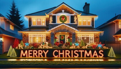 Suburban House Facade Decorated with Radiant "Merry Christmas" Lights