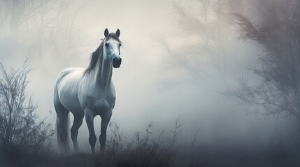  a white horse standing in the middle of a forest on a foggy day with trees and bushes in the background.  generative ai