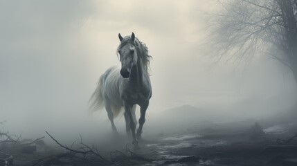  a white horse running through a foggy forest with trees in the foreground and a body of water in the background.  generative ai