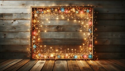 Vintage Wooden Wall Contrasted with Bright Christmas Fairy Lights Forming Horizontal Frame