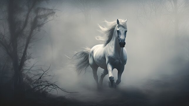  a white horse is galloping through a foggy, tree - lined area with bare trees in the foreground.  generative ai
