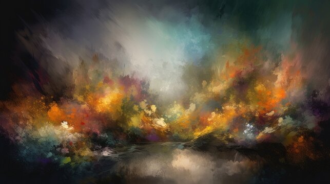 Fantasy landscape with watercolor splashes Digital art painting