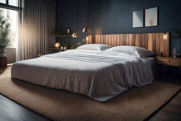 Fototapeta na wymiar Minimal bedroom wall mock up with wooden side table on wooden floor. 3d illustration