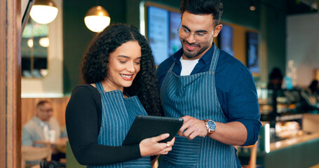 People, cafe barista and teamwork on tablet of restaurant sales, software management and training in hospitality. Happy woman and manager or small business owner talking of menu on digital technology - obrazy, fototapety, plakaty