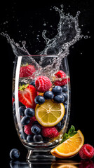 A glass of fruit is filled with water and the fruit is being splashed.