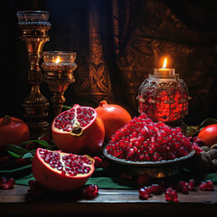 A beautiful oriental table with pomegranate and other fruits is a traditional Yalda night. Pomegranate, fabrics, candles, food - obrazy, fototapety, plakaty